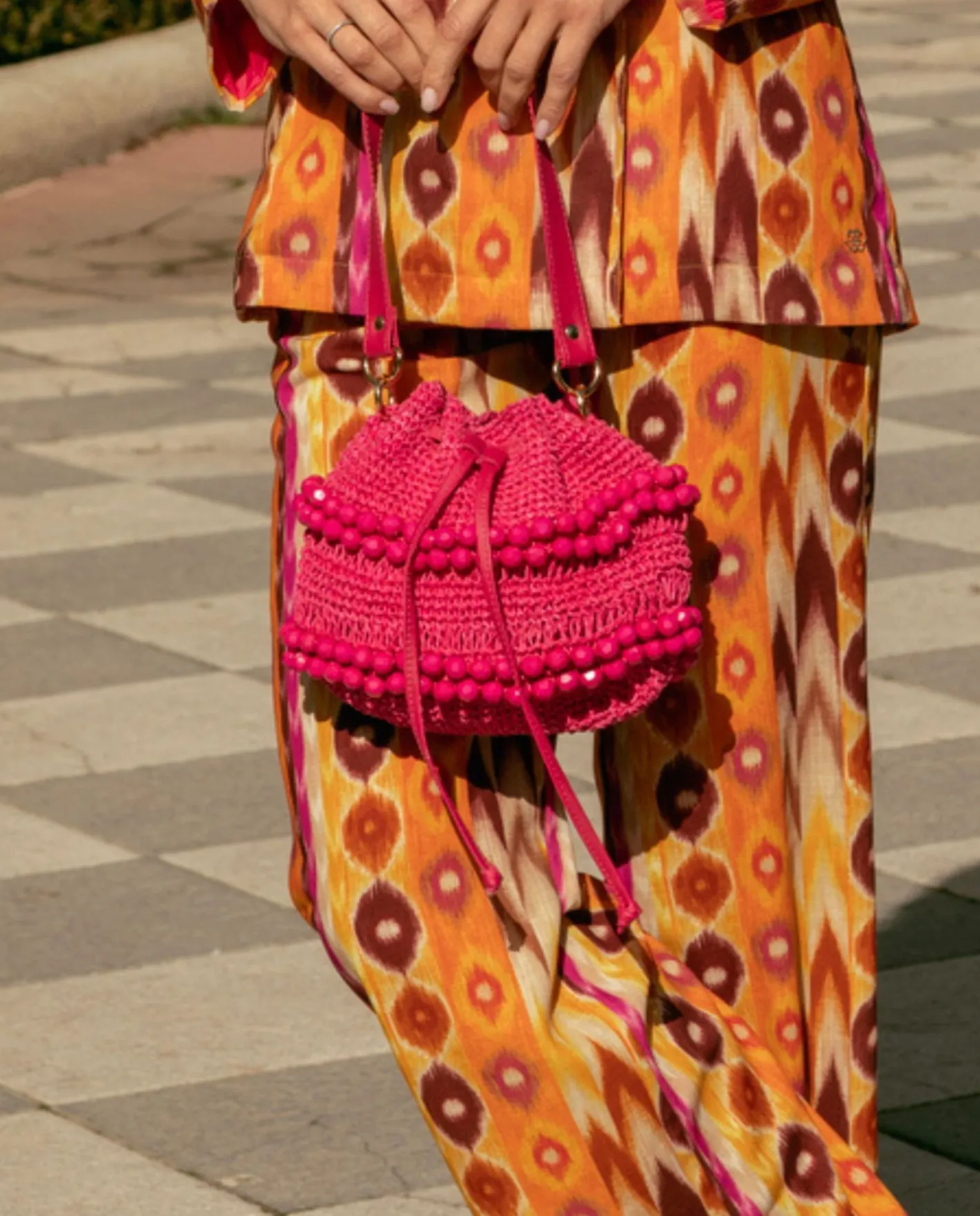 Cuplé Bandolera Bolas Rafia Fucsia^Mujer Bolsos Mano
