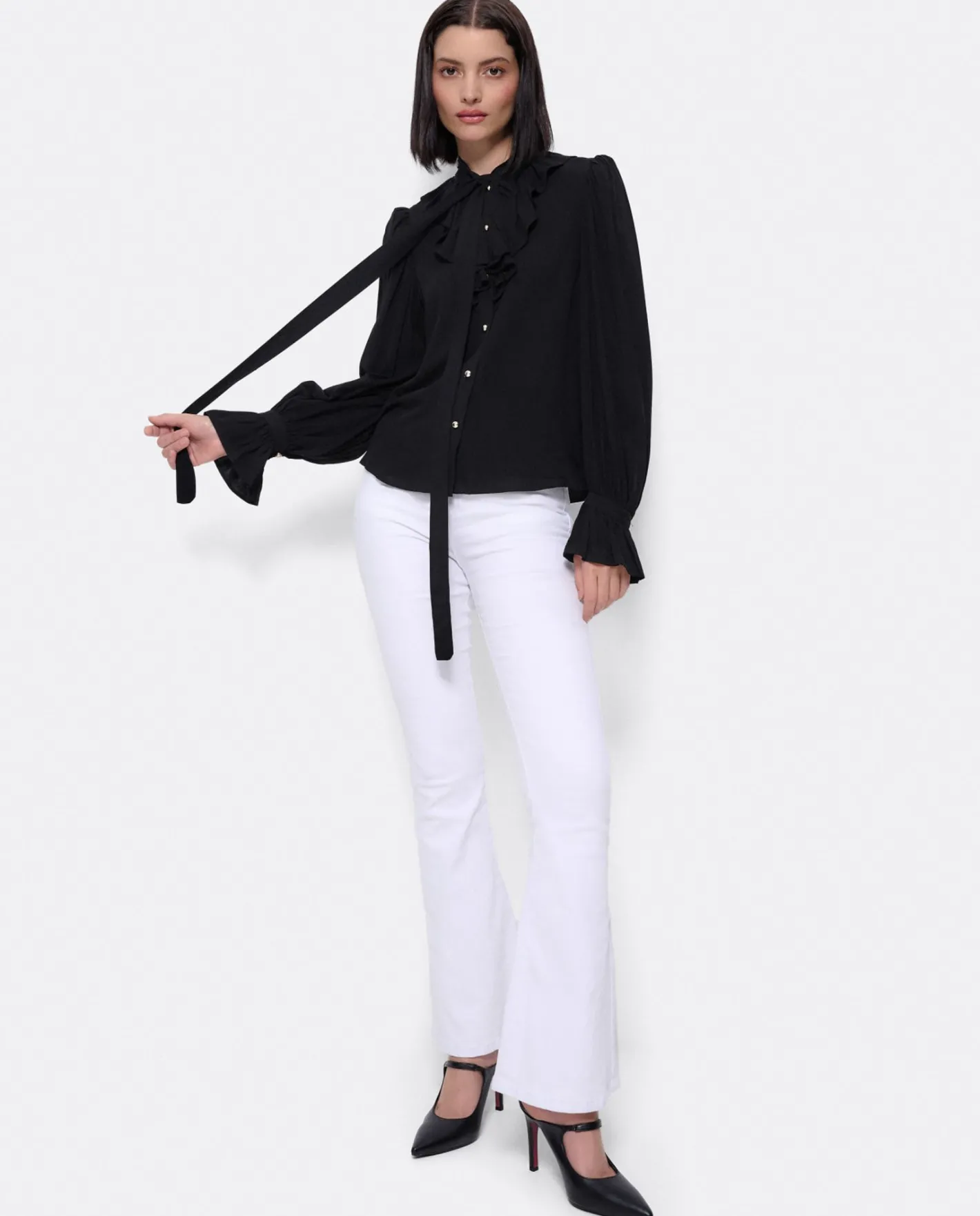 Cuplé Blusa Lazo Cuello Punto Negro^Mujer Camisas Y Tops