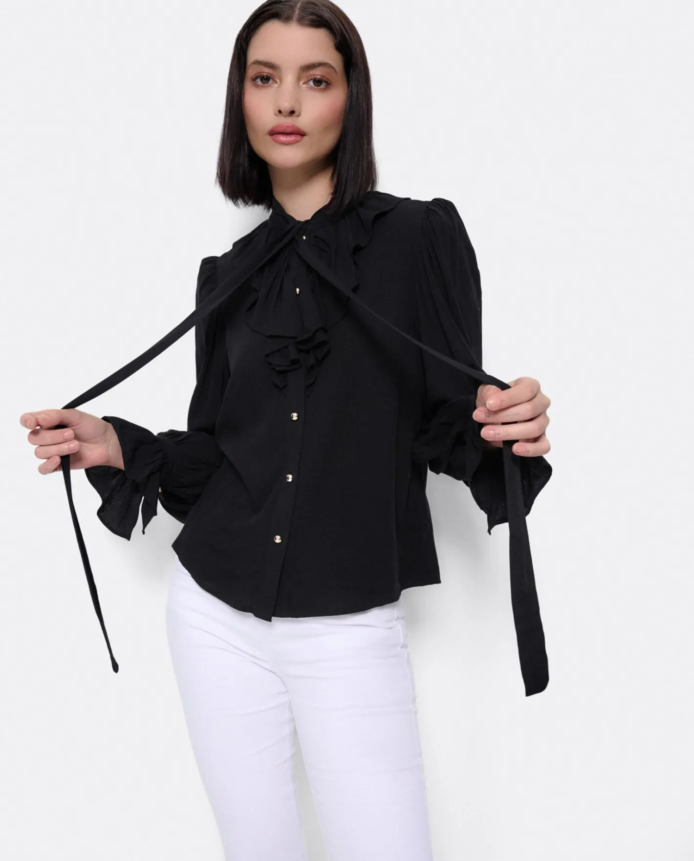 Cuplé Blusa Lazo Cuello Punto Negro^Mujer Camisas Y Tops