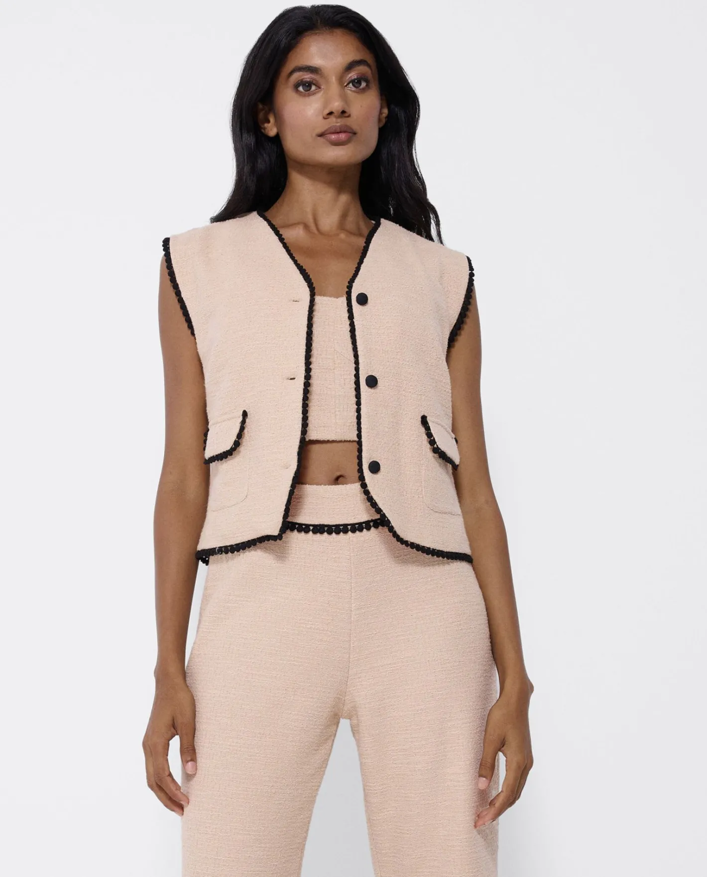 Cuplé Chaleco Puntilla Tweed Beig^Mujer Camisas Y Tops