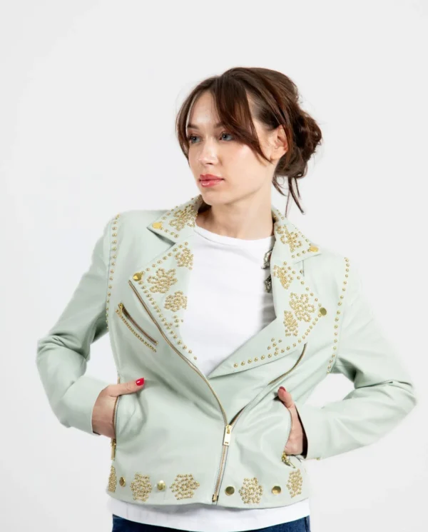 Cuplé Chaqueta Biker Tachas Piel Verde^Mujer Chaquetas Y Abrigos