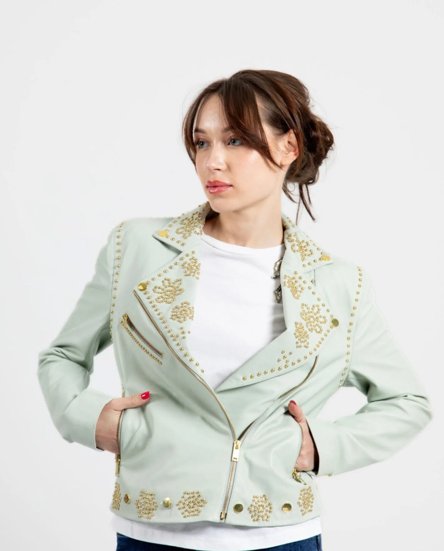 Cuplé Chaqueta Biker Tachas Piel Verde^Mujer Chaquetas Y Abrigos