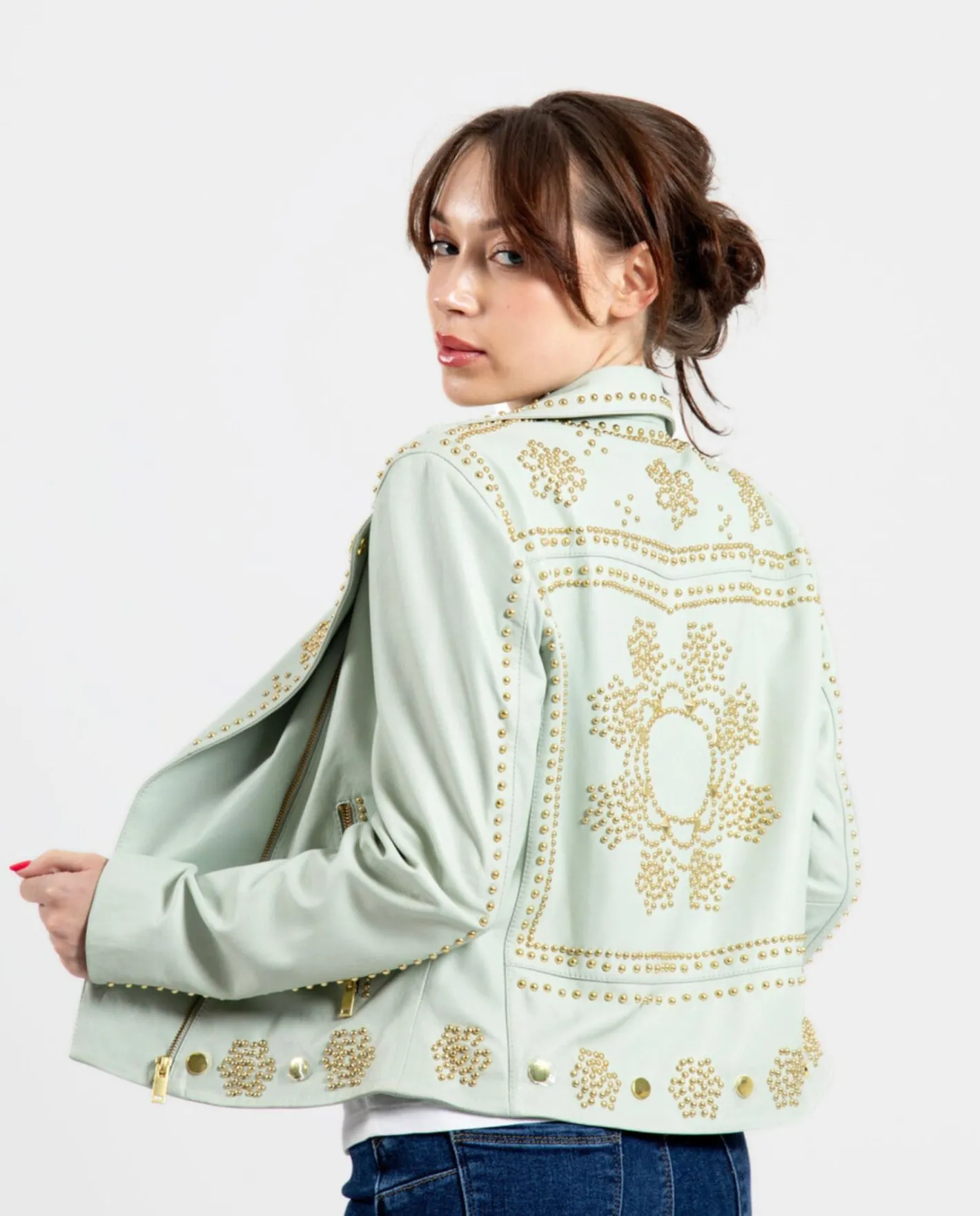 Cuplé Chaqueta Biker Tachas Piel Verde^Mujer Chaquetas Y Abrigos