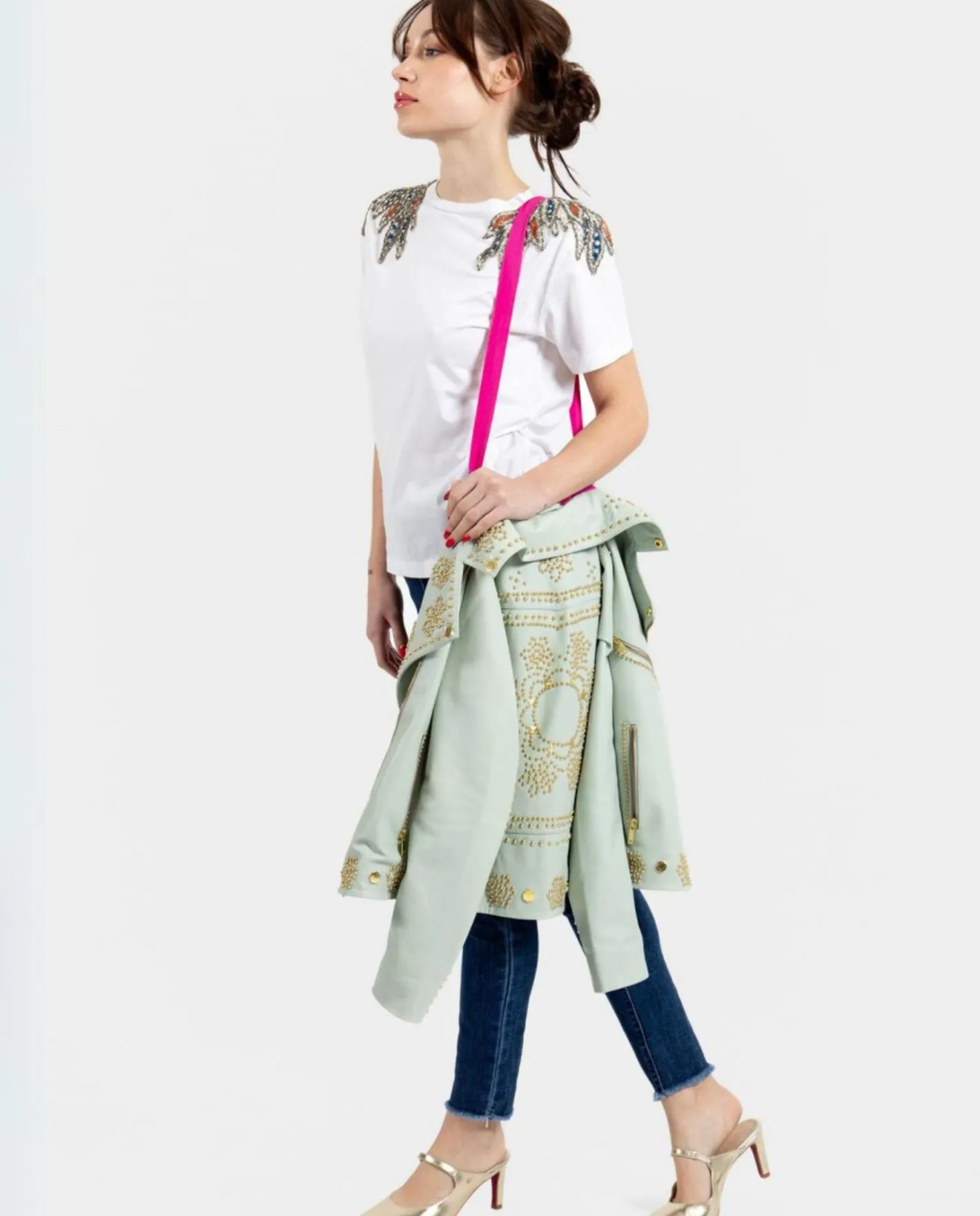 Cuplé Chaqueta Biker Tachas Piel Verde^Mujer Chaquetas Y Abrigos