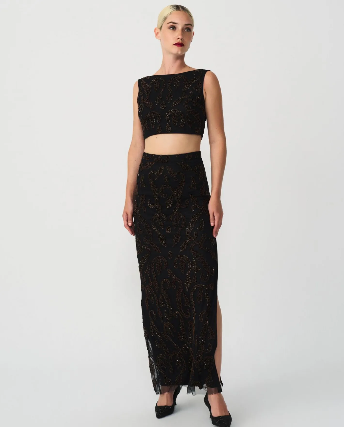 Cuplé Conjunto Top Falda Gasa Negro^Mujer Faldas