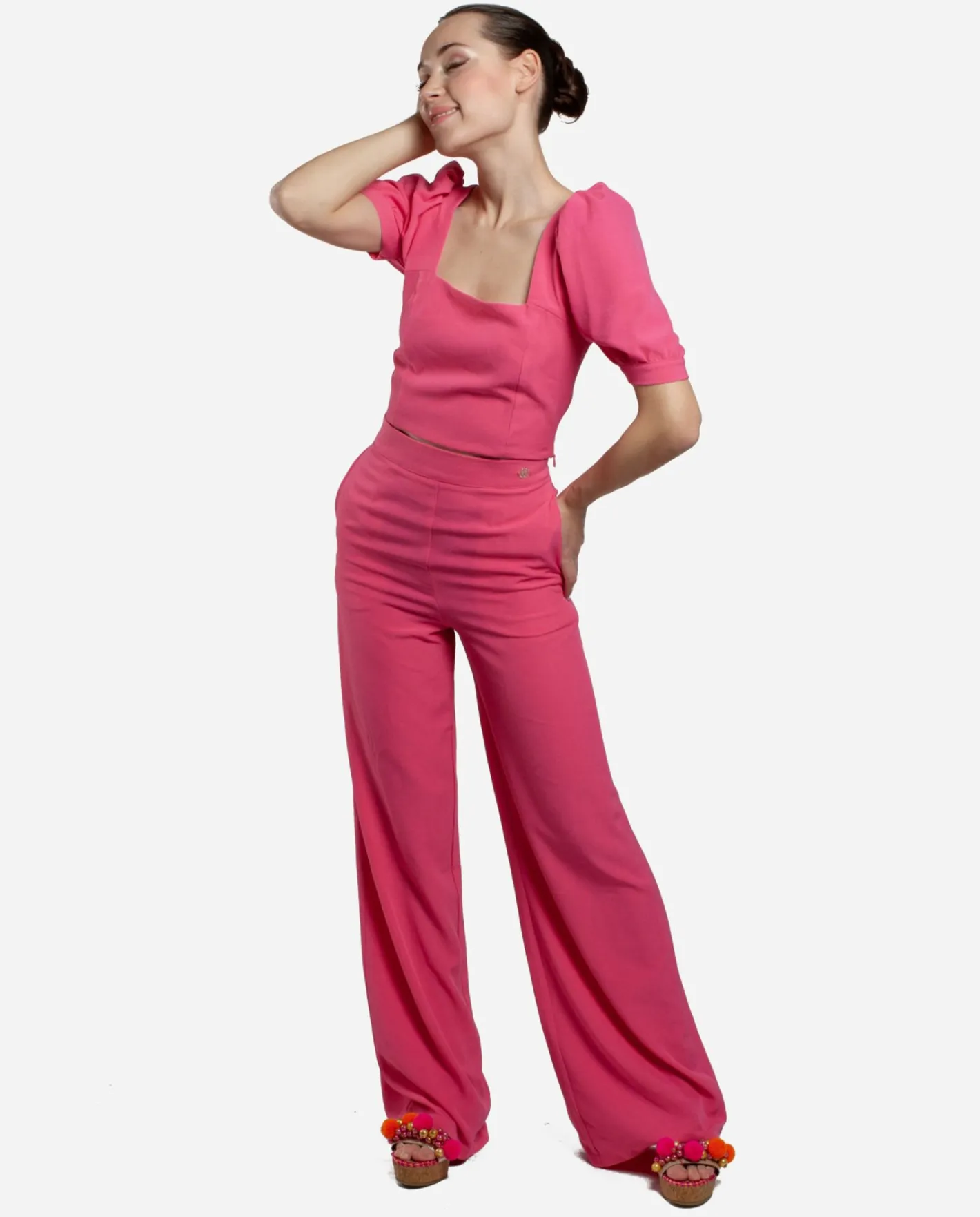 Cuplé Crop Top Mangas Abullonadas Crep Fucsia^Mujer Camisas Y Tops