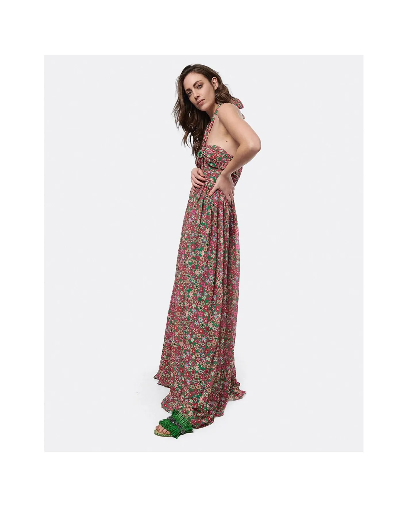 Cuplé Maxi Vestido Aberturas Gasa Estampado Flores Liber^Mujer Vestidos