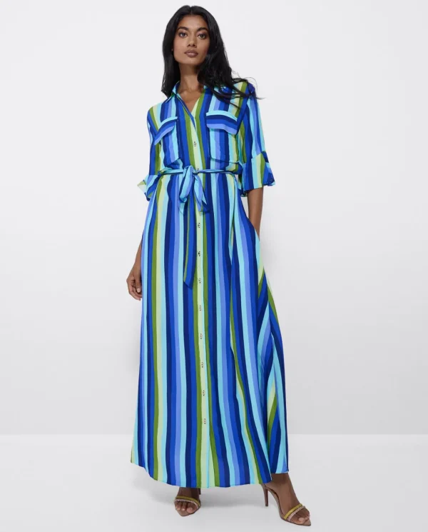 Cuplé Maxivestido Camisero Algodon Rayas Azul^Mujer Vestidos