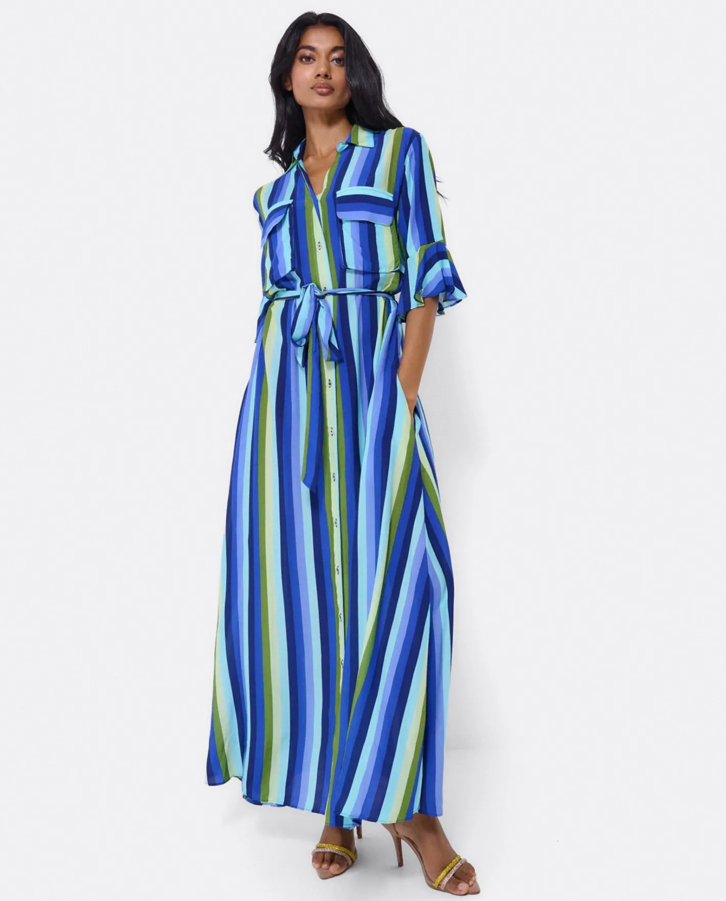 Cuplé Maxivestido Camisero Algodon Rayas Azul^Mujer Vestidos