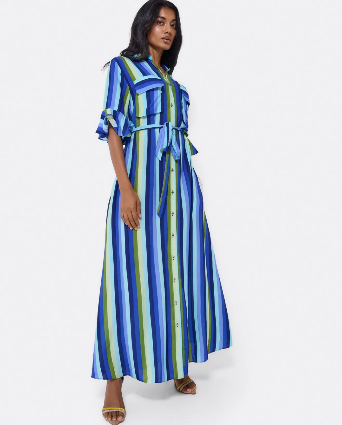 Cuplé Maxivestido Camisero Algodon Rayas Azul^Mujer Vestidos