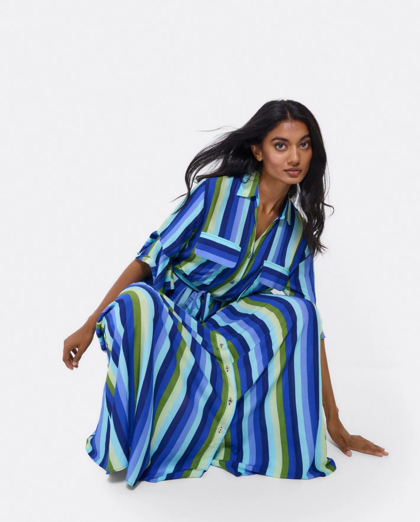 Cuplé Maxivestido Camisero Algodon Rayas Azul^Mujer Vestidos