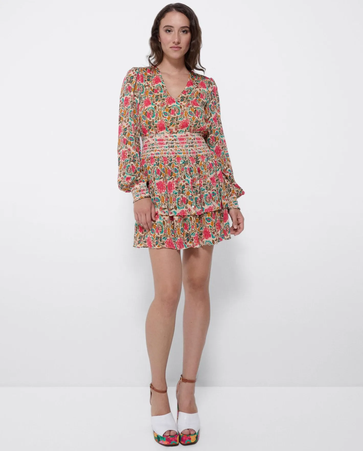 Cuplé Mini Vestido Volantes Gasa Estampado Flores^Mujer Vestidos