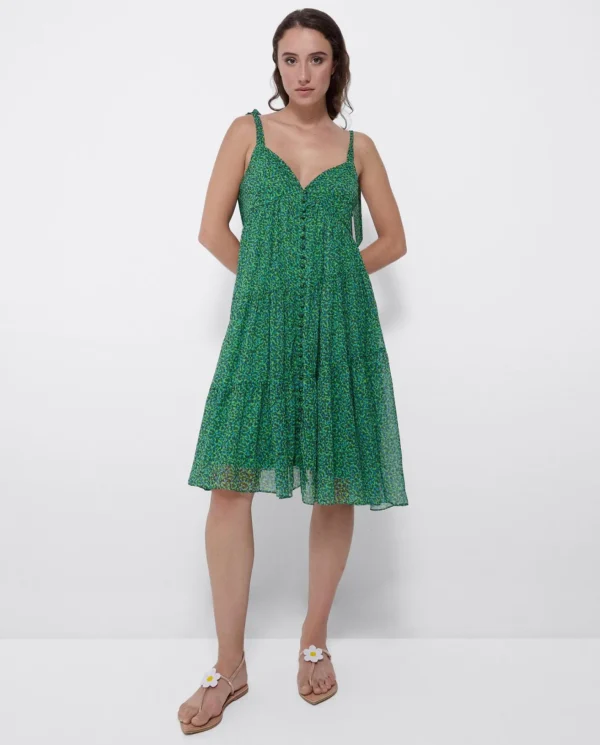 Cuplé Mini Vestido Vuelo Gasa Leopardo Verde^Mujer Vestidos