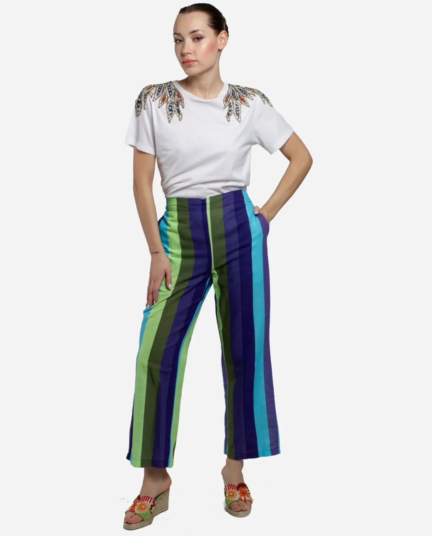 Cuplé Pantalon Recto Algodon Rayas Azul^Mujer Pantalones