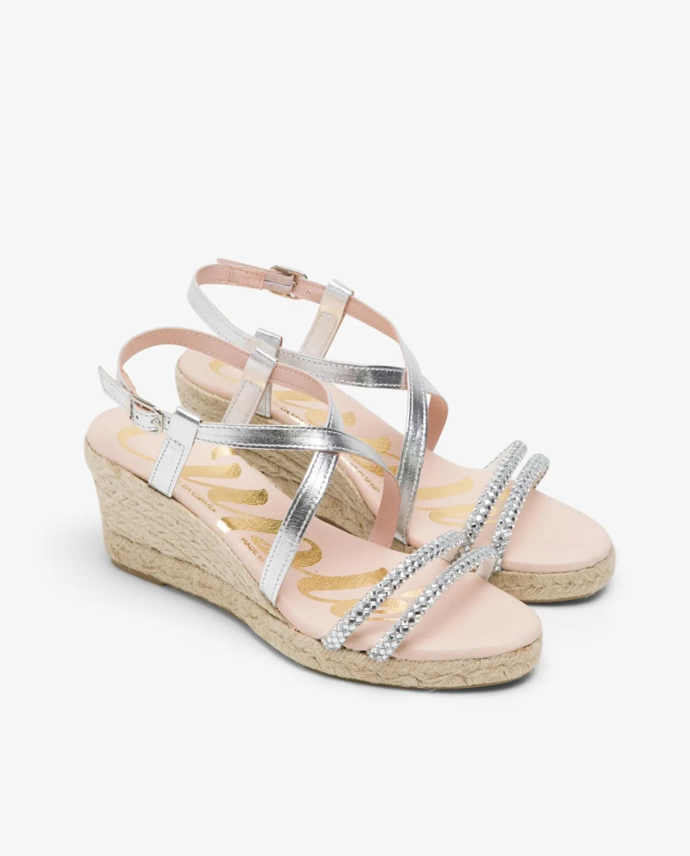 Cuplé Sandalia Cuna Tiras Strass Plata^Mujer Cuñas