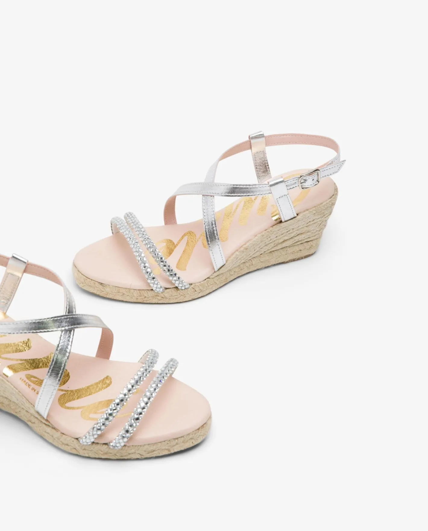Cuplé Sandalia Cuna Tiras Strass Plata^Mujer Cuñas