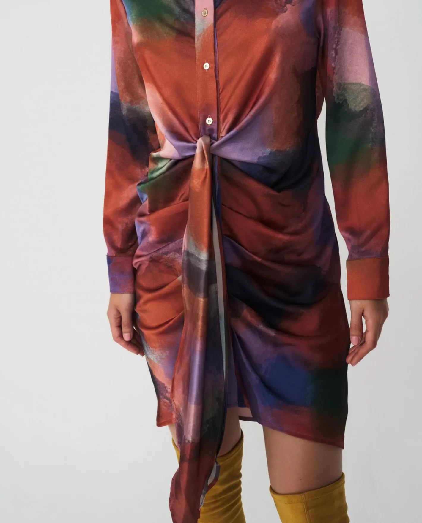 Cuplé Vestido Camisero Nudo Sedin Estampado Acuarela^Mujer Vestidos