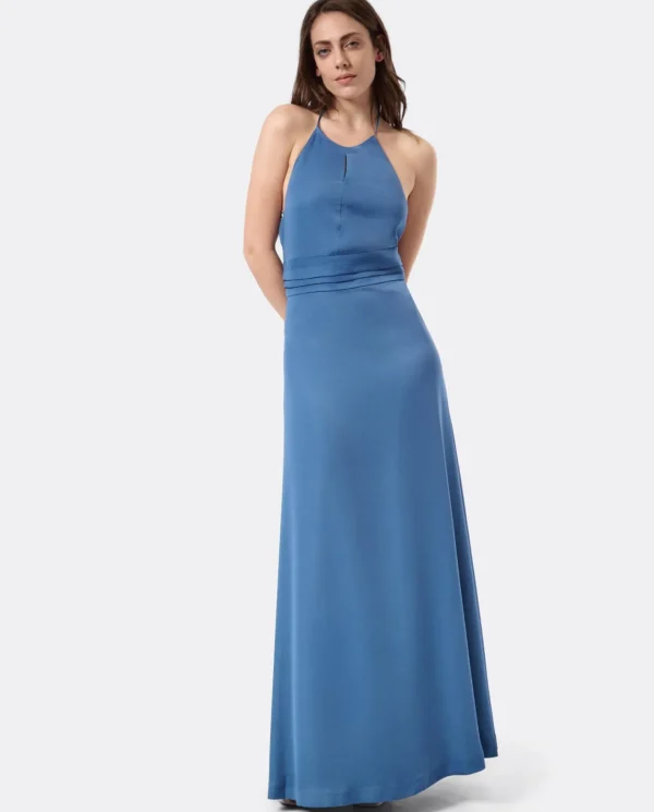 Cuplé Vestido Fiesta Escote Halter Saten Azul Petroleo^Mujer Vestidos