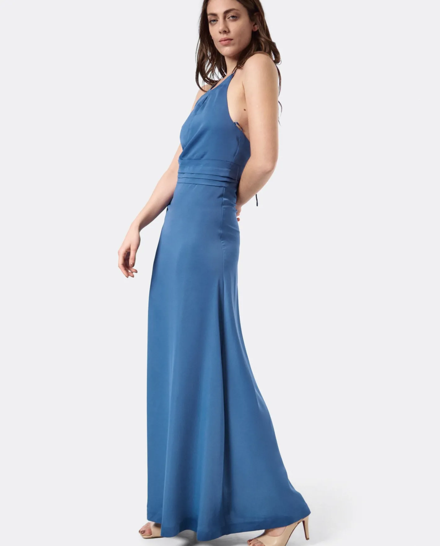 Cuplé Vestido Fiesta Escote Halter Saten Azul Petroleo^Mujer Vestidos