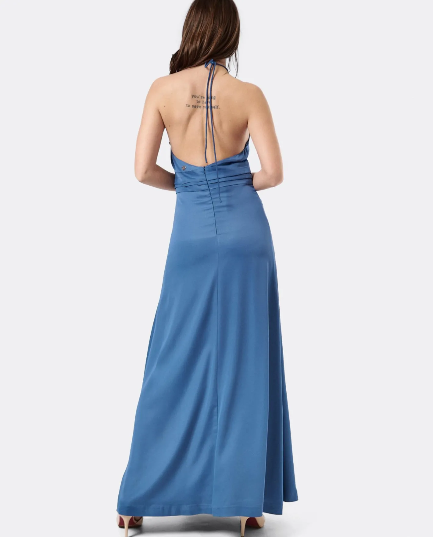 Cuplé Vestido Fiesta Escote Halter Saten Azul Petroleo^Mujer Vestidos