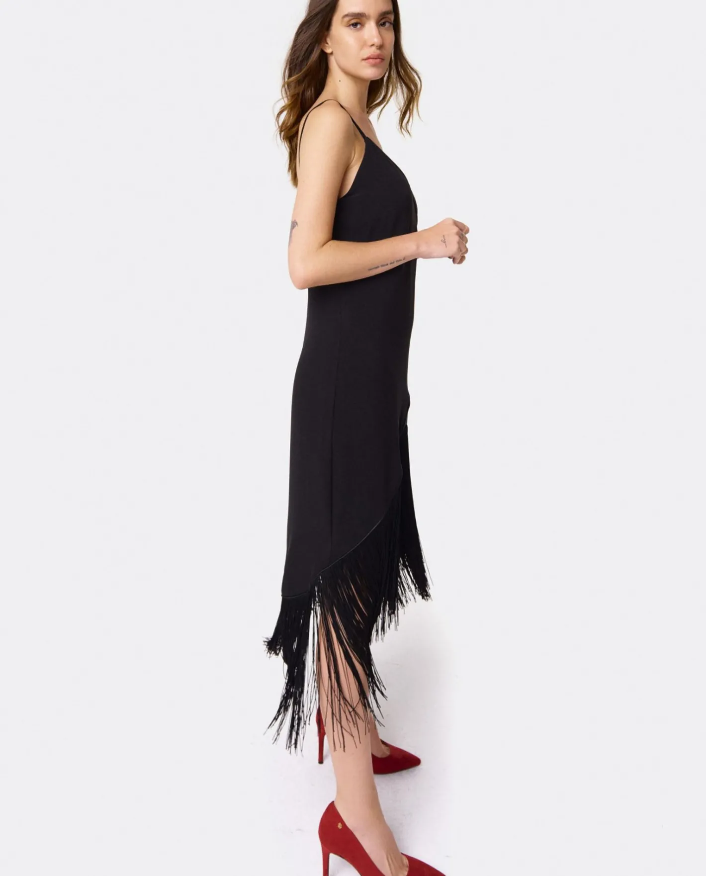 Cuplé Vestido Flecos Manila Crep Negro^Mujer Vestidos
