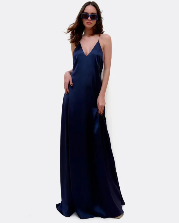 Cuplé Vestido Largo Fiesta Tirantes Saten Marino^Mujer Vestidos