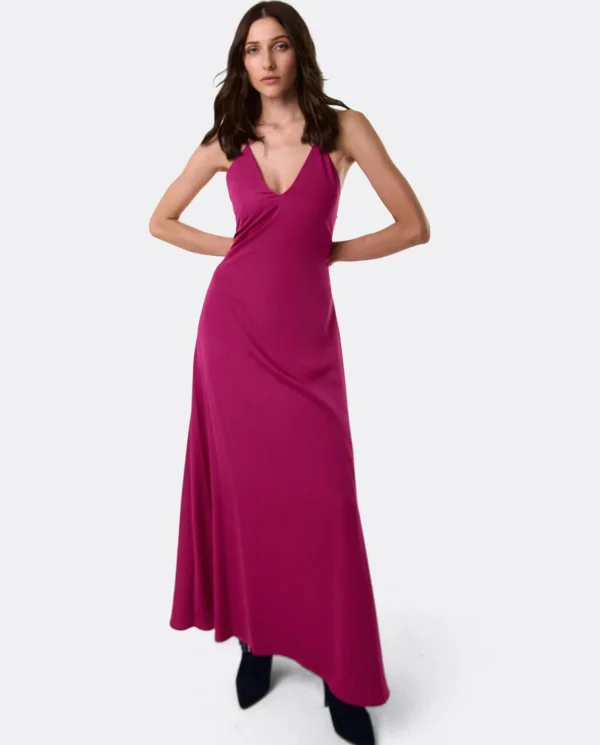 Cuplé Vestido Largo Fiesta Tirantes Saten Fucsia^Mujer Vestidos