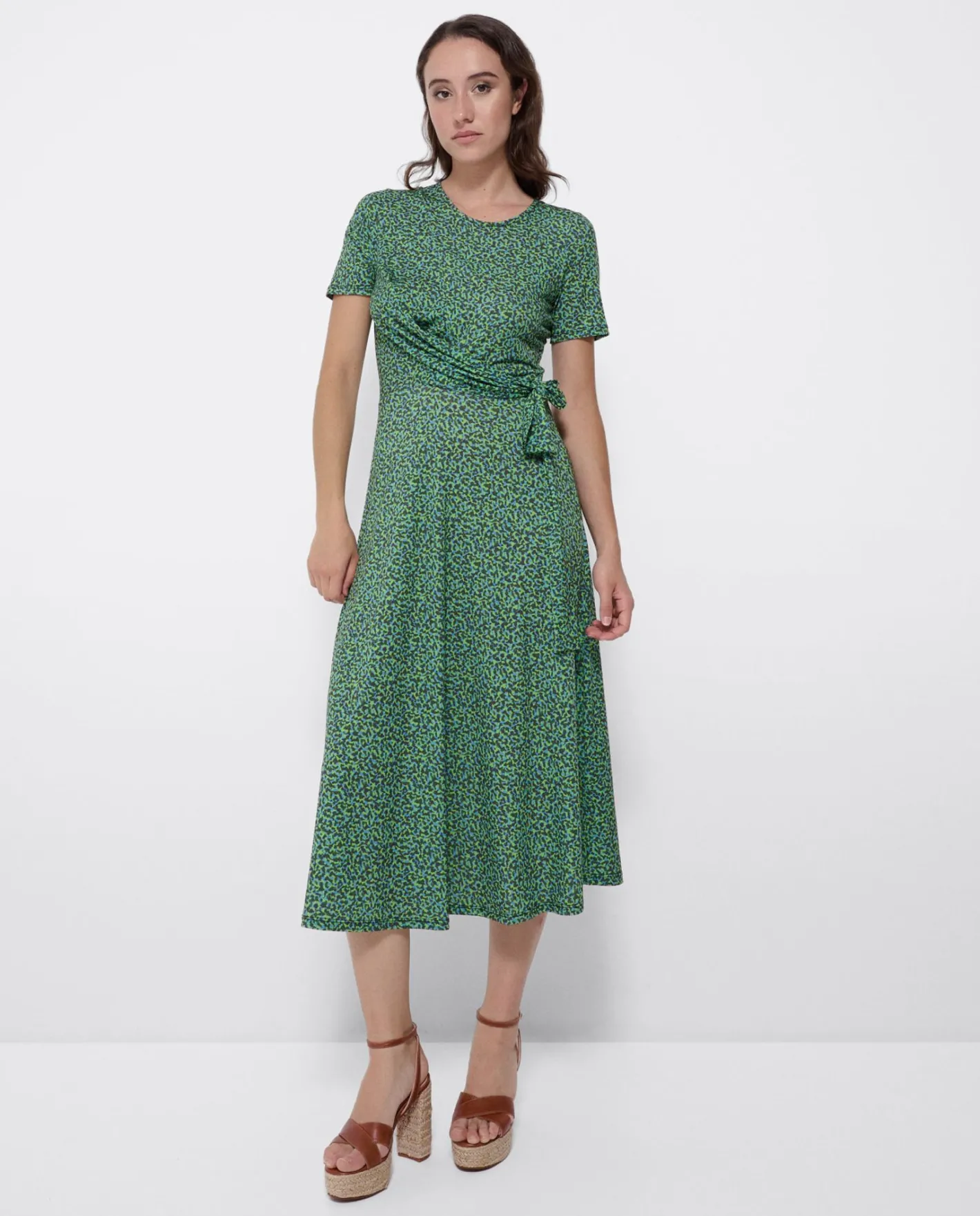 Cuplé Vestido Manga Corta Nudo Delantero Punto Leopardo^Mujer Vestidos