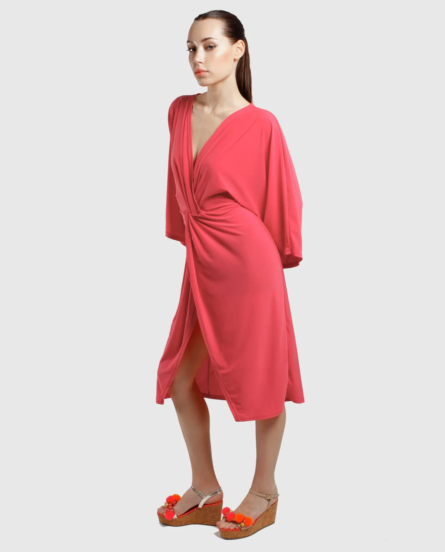 Cuplé Vestido Maxi Mangas Punto Fucsia^Mujer Vestidos