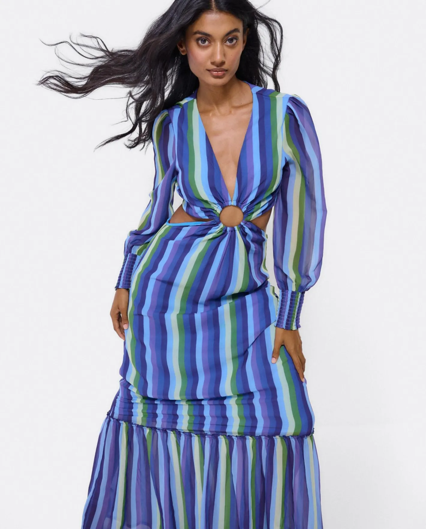Cuplé Vestido Midi Aro Delantero Gasa Rayas Azul^Mujer Vestidos