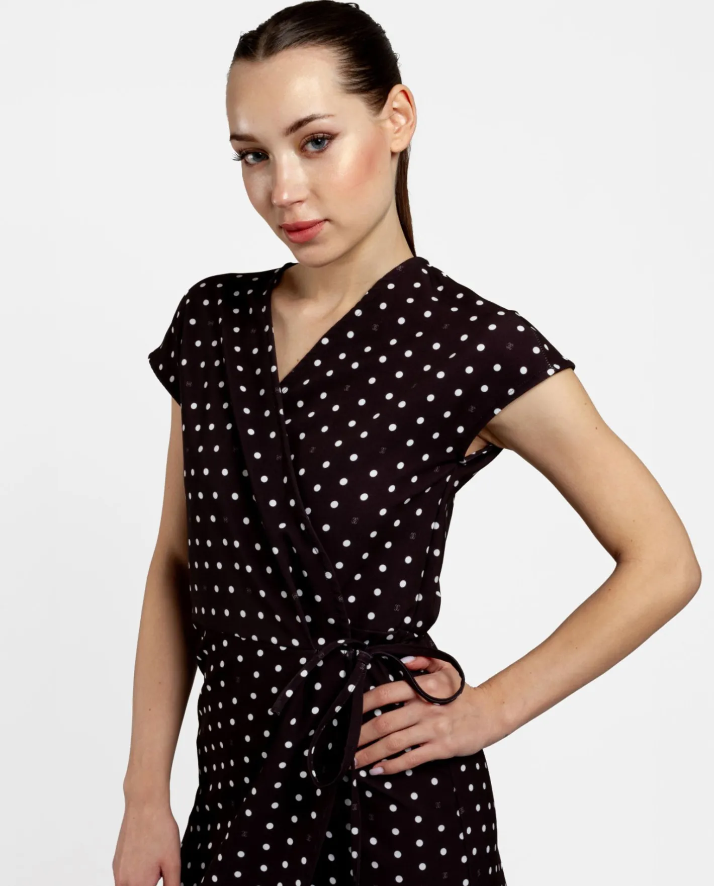 Cuplé Vestido Midi Cruzado Crep Lunares Blanco Negro^Mujer Vestidos