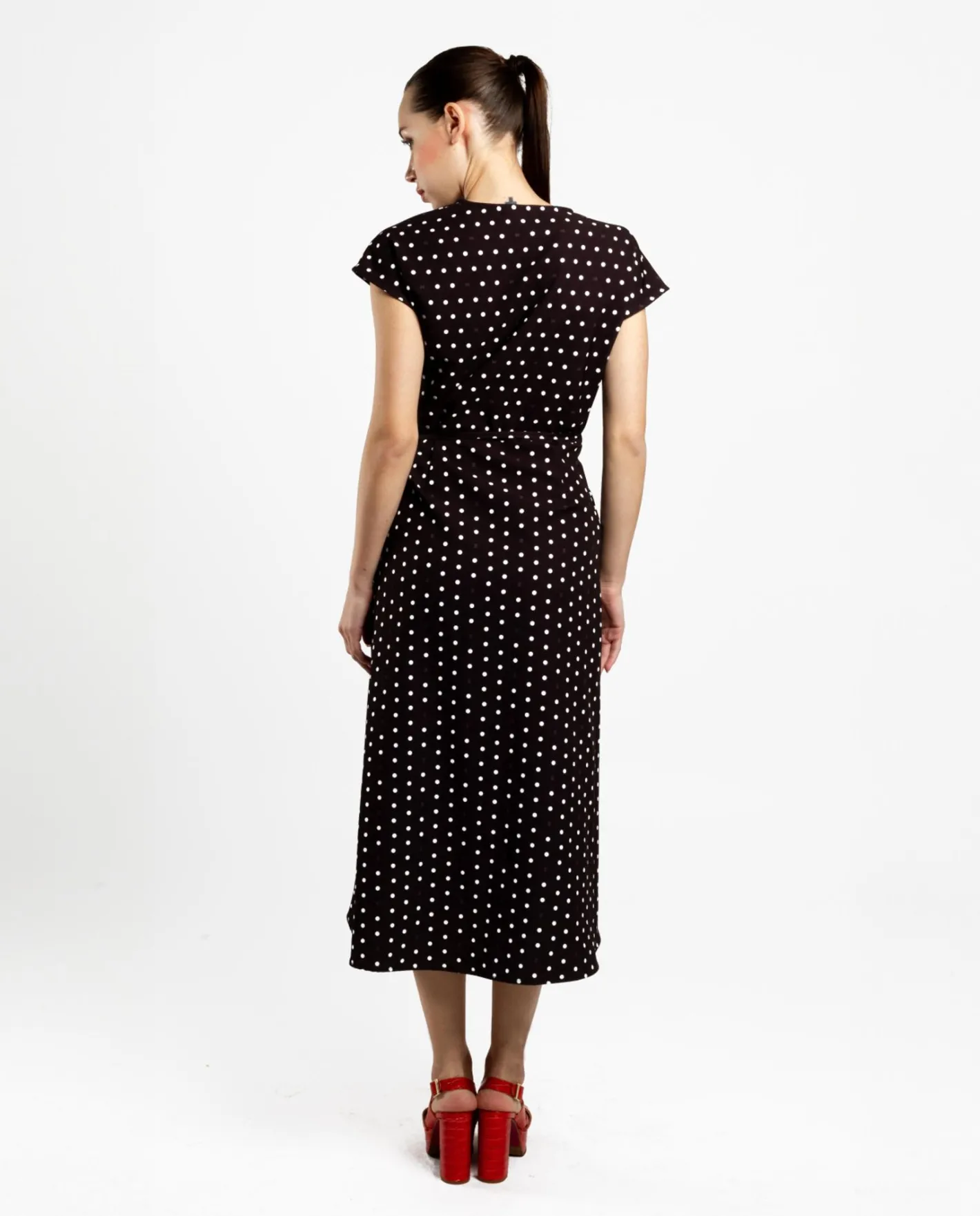 Cuplé Vestido Midi Cruzado Crep Lunares Blanco Negro^Mujer Vestidos
