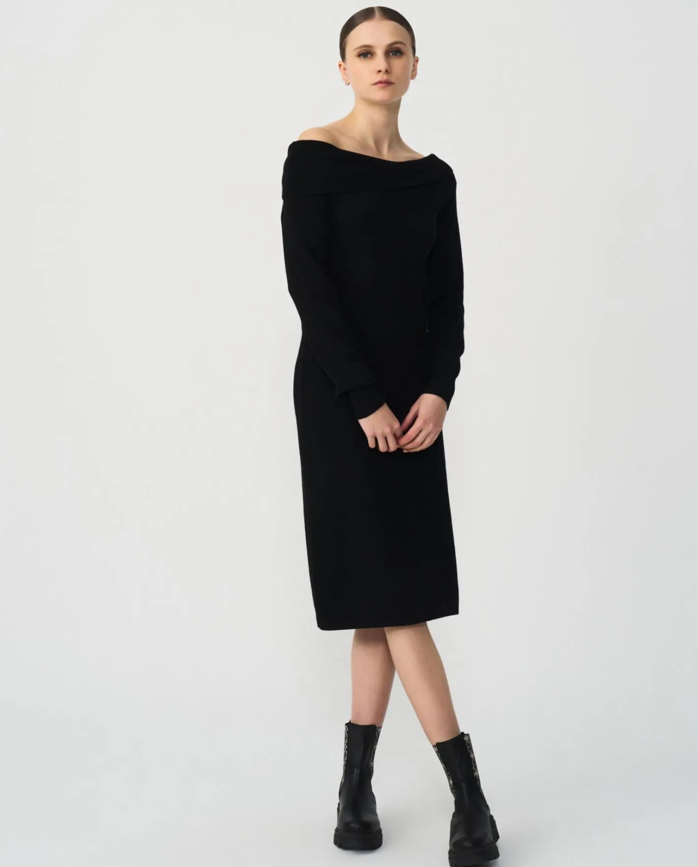 Cuplé Vestido Midi Escote Drapeado Punto Negro^Mujer Vestidos