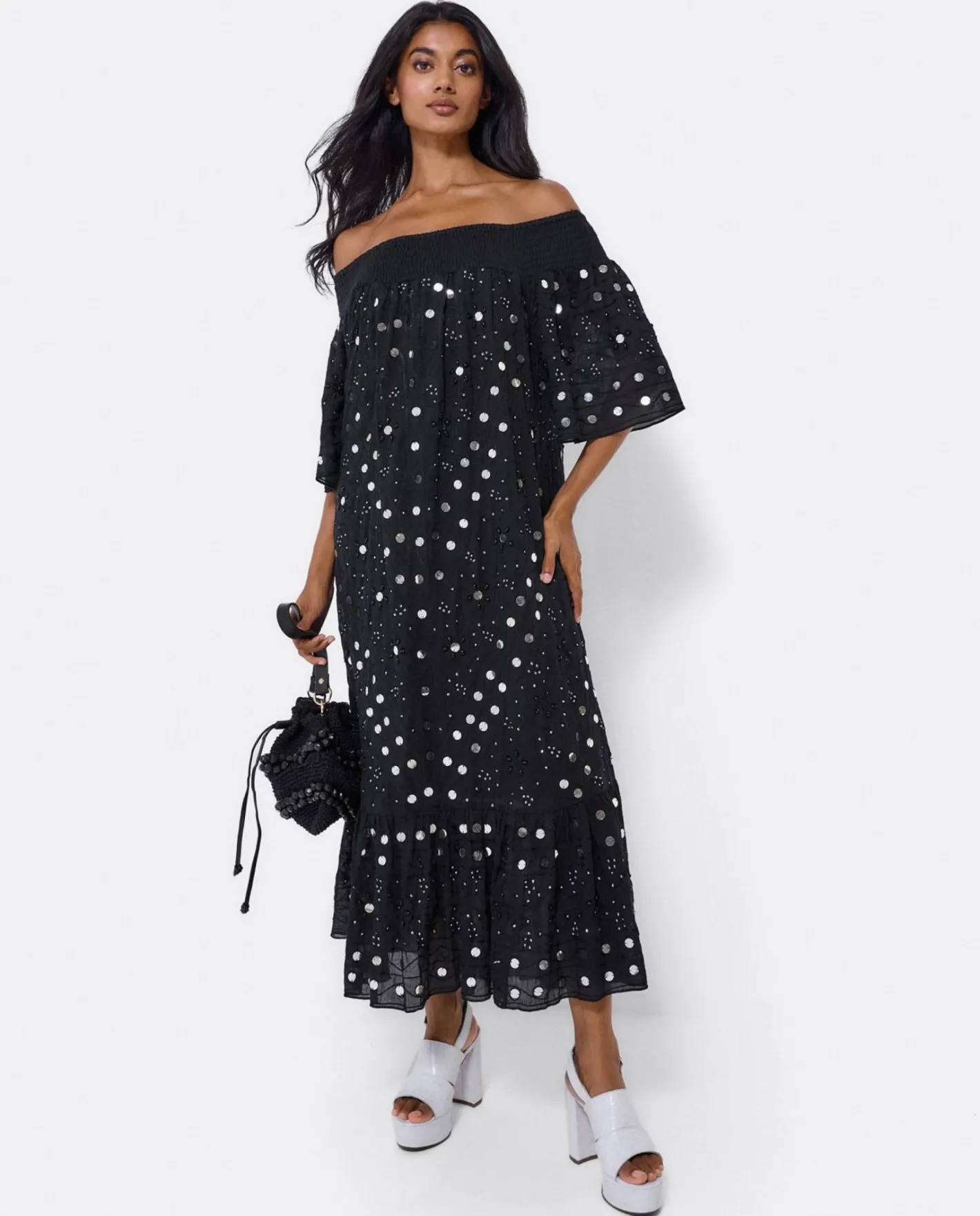 Cuplé Vestido Midi Espejos Algodon Negro^Mujer Vestidos