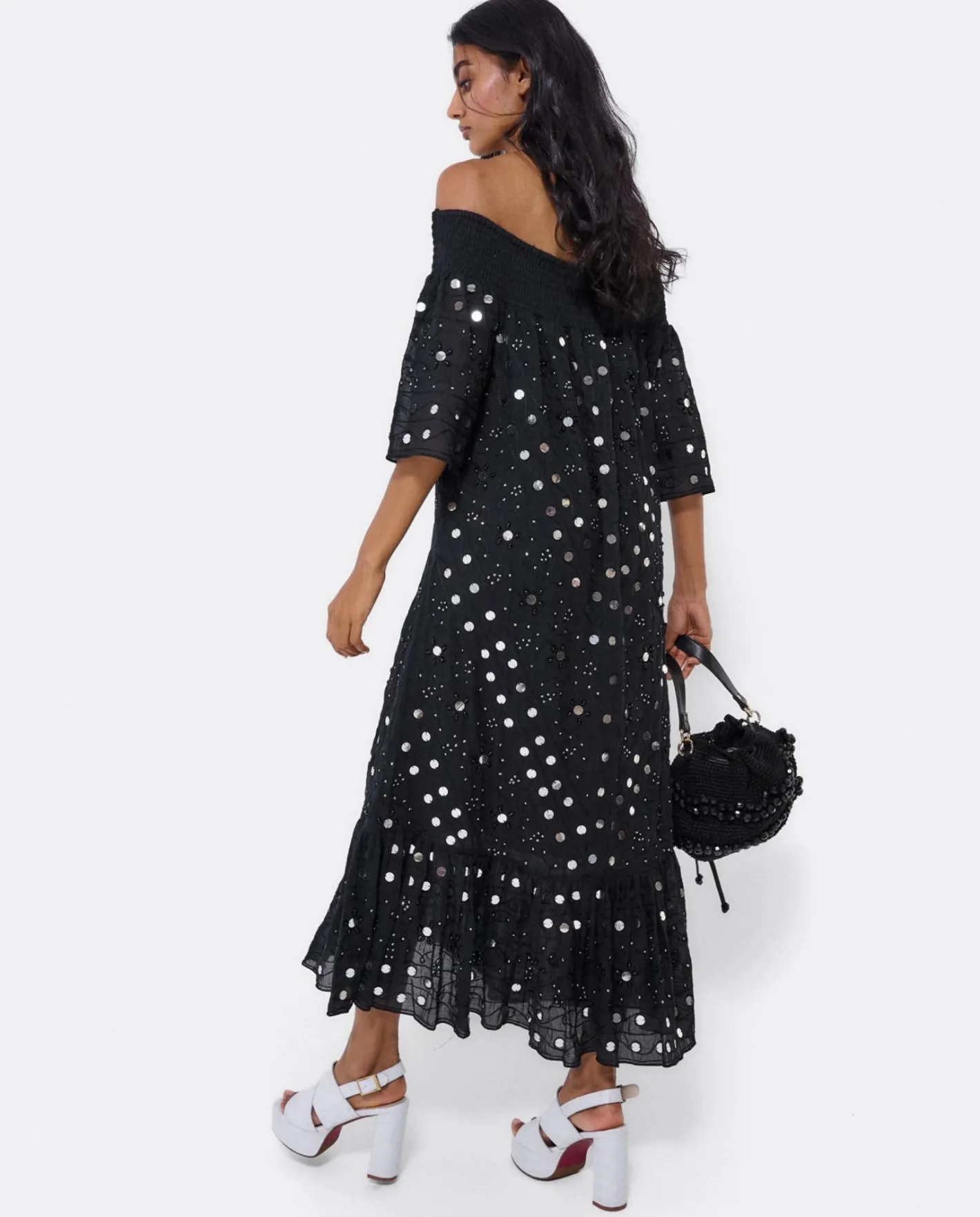 Cuplé Vestido Midi Espejos Algodon Negro^Mujer Vestidos