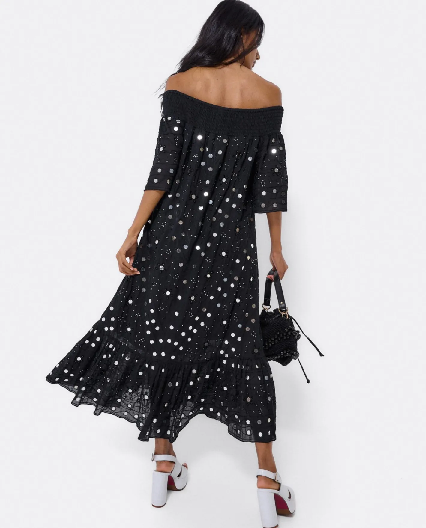 Cuplé Vestido Midi Espejos Algodon Negro^Mujer Vestidos