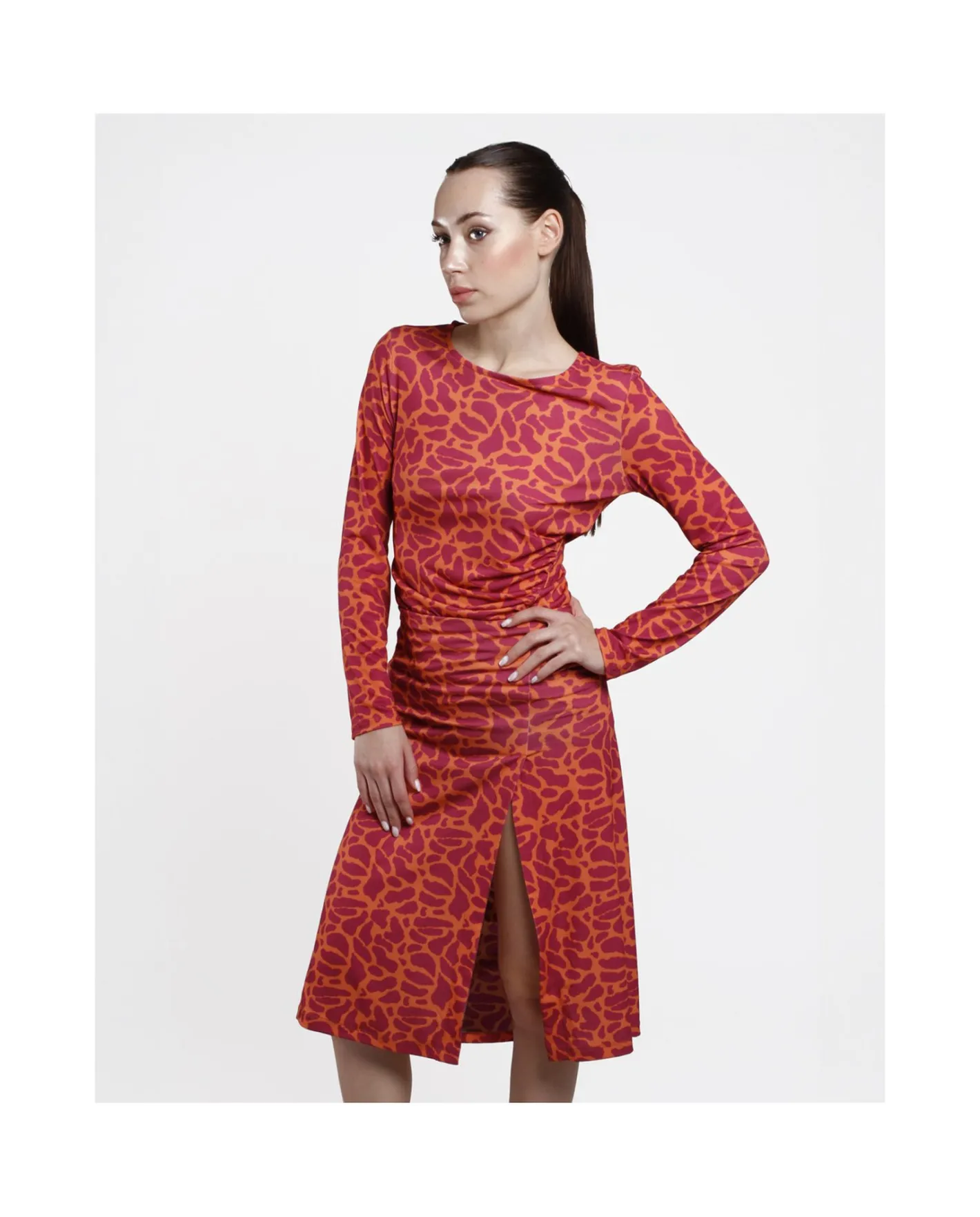 Cuplé Vestido Midi Fruncido Punto Estampado Jirafa^Mujer Vestidos