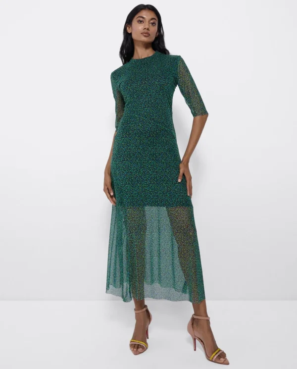 Cuplé Vestido Tul Manga Corta Tul Leopardo Verde^Mujer Vestidos